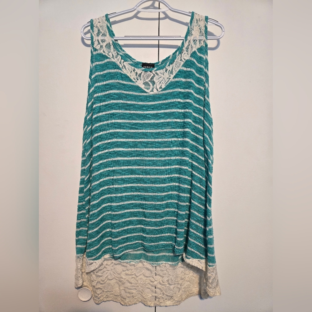 ❤️ Torrid Teal Striped Lace Trim Women's Top
